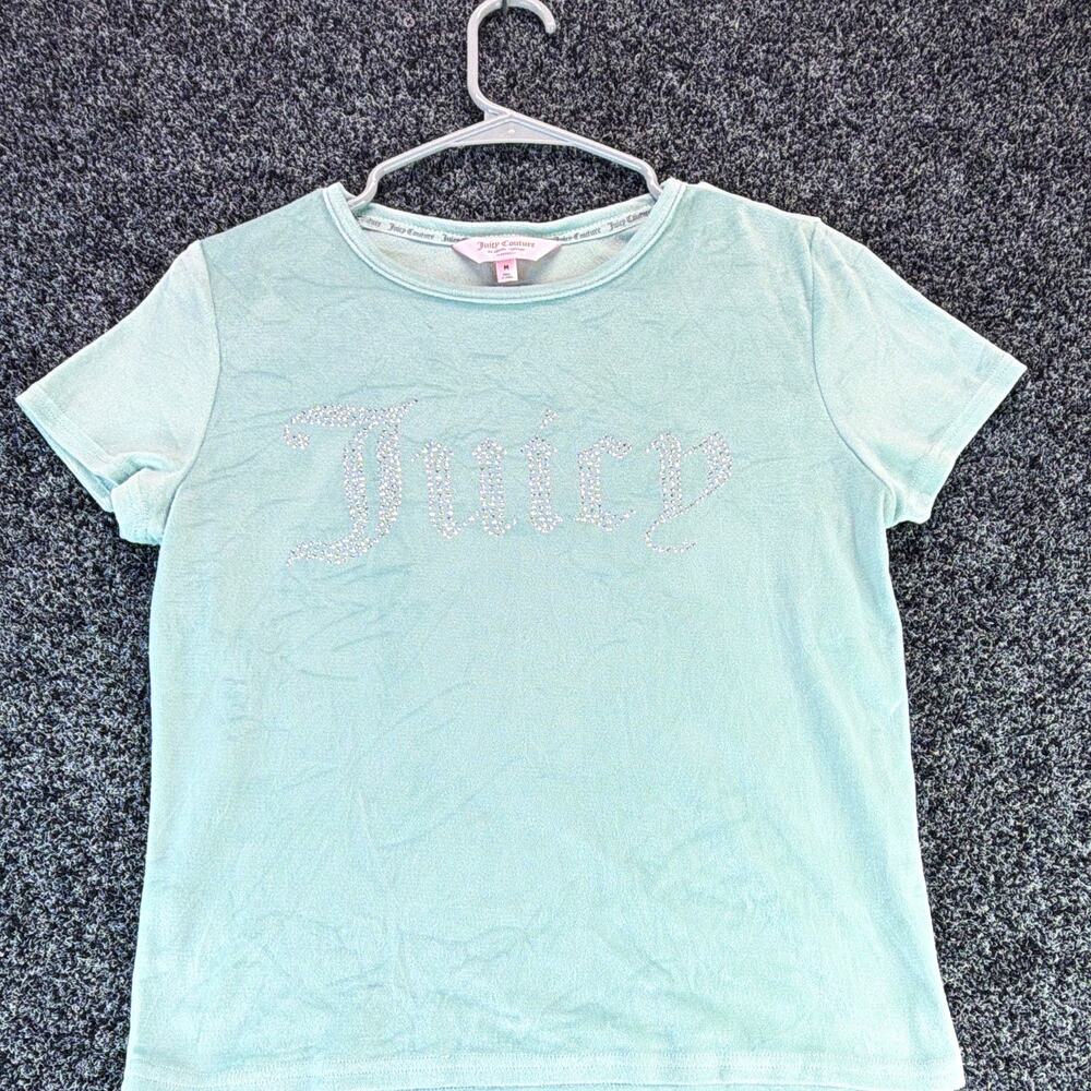 Juicy Couture Women's Velour Pajama Top Short Sleeve Rhinestone Logo Blue M